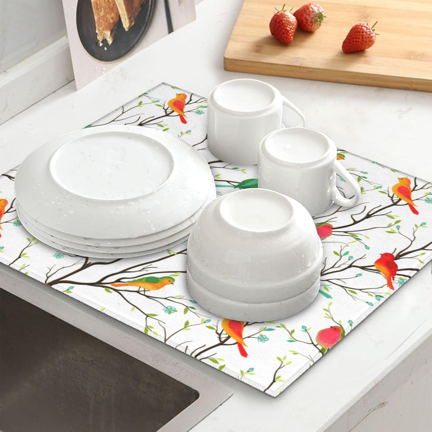 Birds on Tree Dish Drying Mat for Kitchen Counter Washable Absorbent Reversible Microfiber Cute Birds Drying Pad Kitchen Accessories 16x18 Inch