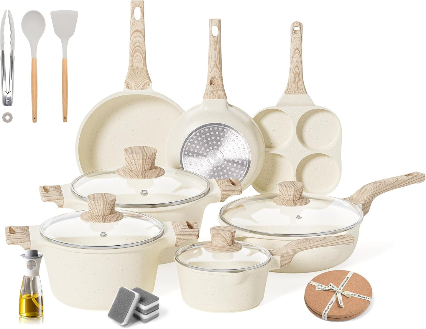 Caannasweis 20Pcs Cookware Sets, Nonstick Pots and Pans Set, Granite Induction Cookware, Non Stick Kitchen Cooking Set, Cream White Egg Pan Set, PFOS PFOA Free