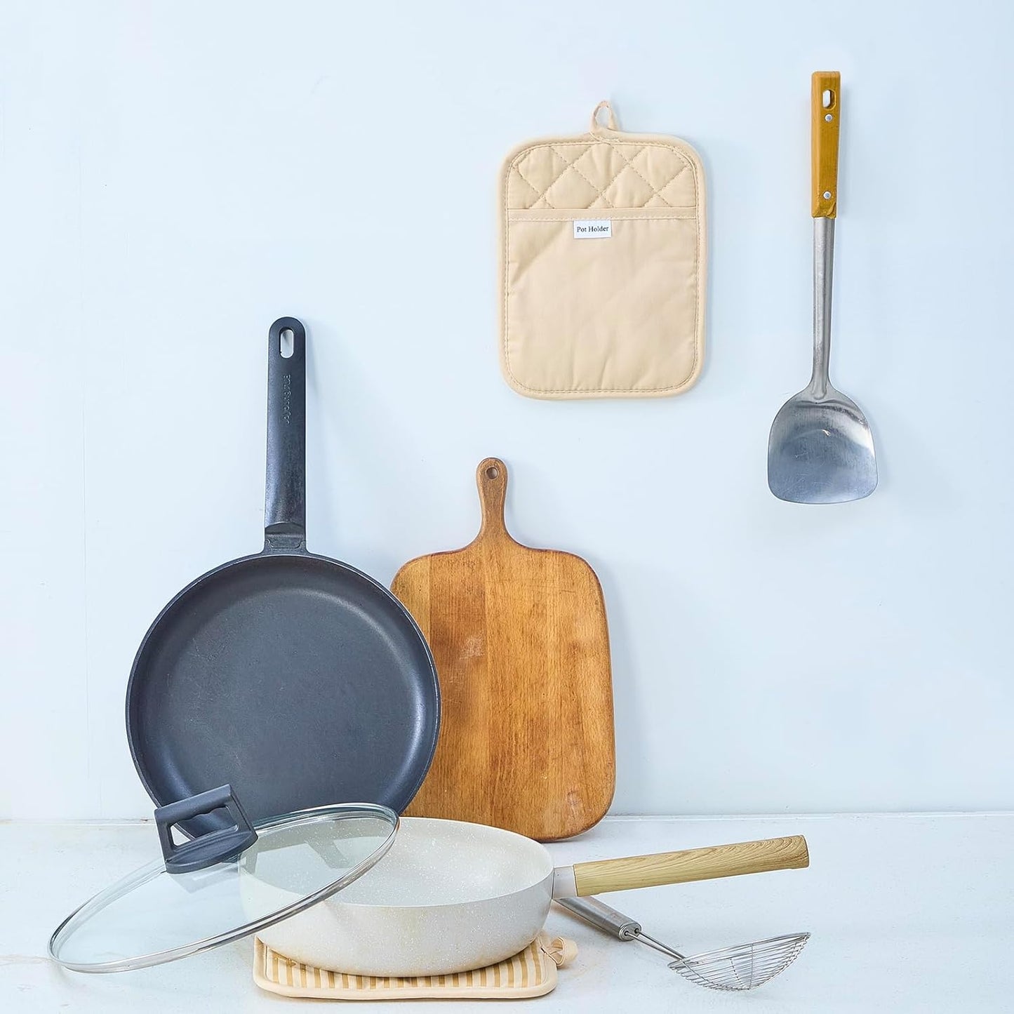 Kitchen Everyday Basic Pot Holder Heat Resistant Coaster Soft Silicone Water Resistant Pot Holder Set Oven Mitts with Pocket, 2 Piece Set, 7"x9" Beige