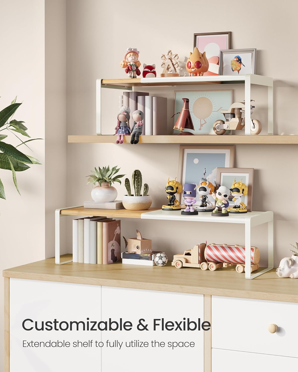 SONGMICS HOME Spice Rack, Expandable Cupboard Shelf Orgnizer, Kitchen Counter Shelf, Bamboo and Metal, Space-Saving Shelving, Stackable, Light Bamboo and Cream White UKCS052W01