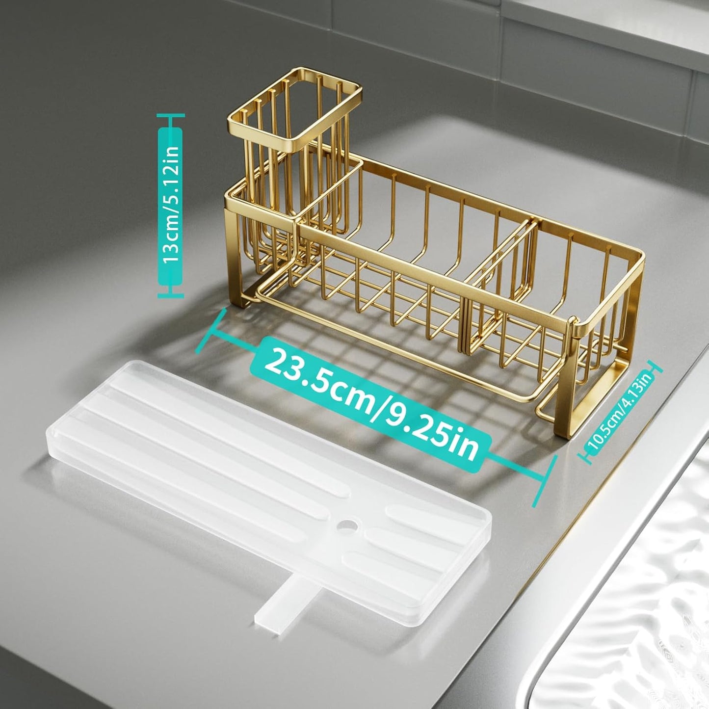 HapiRm Sponge Holder for Kitchen Sink - Self-draining Sink Caddy with Brush Holder and Dishcloth Holder, Stainless Steel Kitchen Organizer for Countertop - Gold