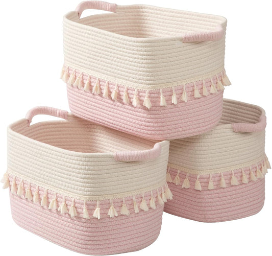 TeoKJ Storage Baskets 3 Packs, Storage Basket for toys,Towel, Storage Bins, Woven Basket for Shelves Bedroom Laundry Nursery, White & Pink