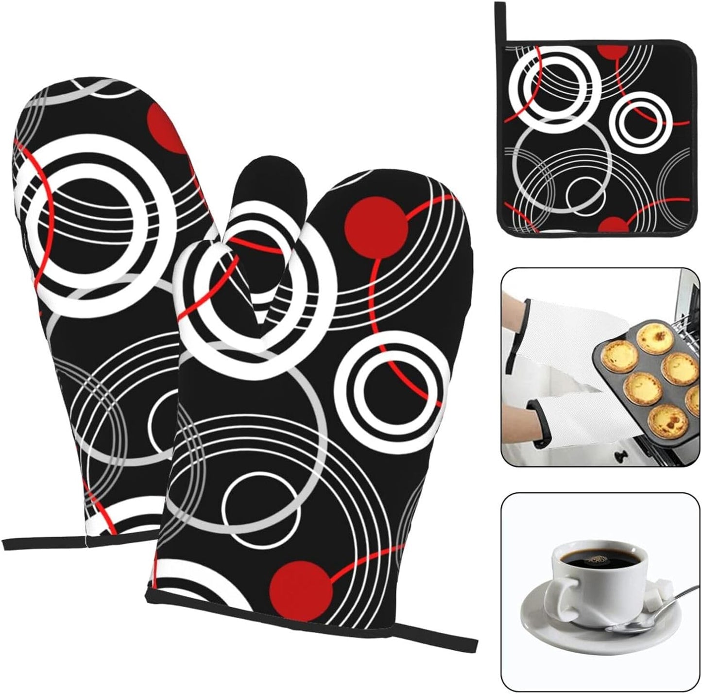 Modern Black Red Retro Oven Mitts and Pot Holders Sets of 3 Abstract Modern Hot Pads Heat Resistant Non Slip Washable for Cooking Grilling Baking BBQ Kitchen Decor