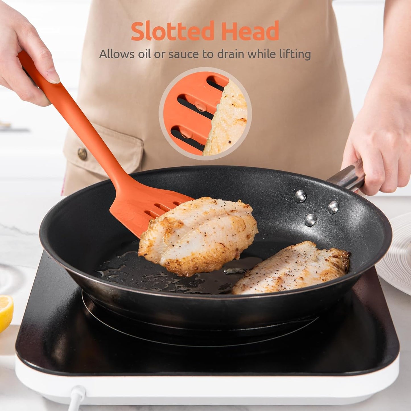 600ºF Heat Resistant Silicone Turners: U-Taste 13.6in Long Solid & Slotted Kitchen Spatula Flipper, Large Flexible Cooking Utensil for Flipping Egg, Pancake in Nonstick Cookware(Orange, 2PCS)