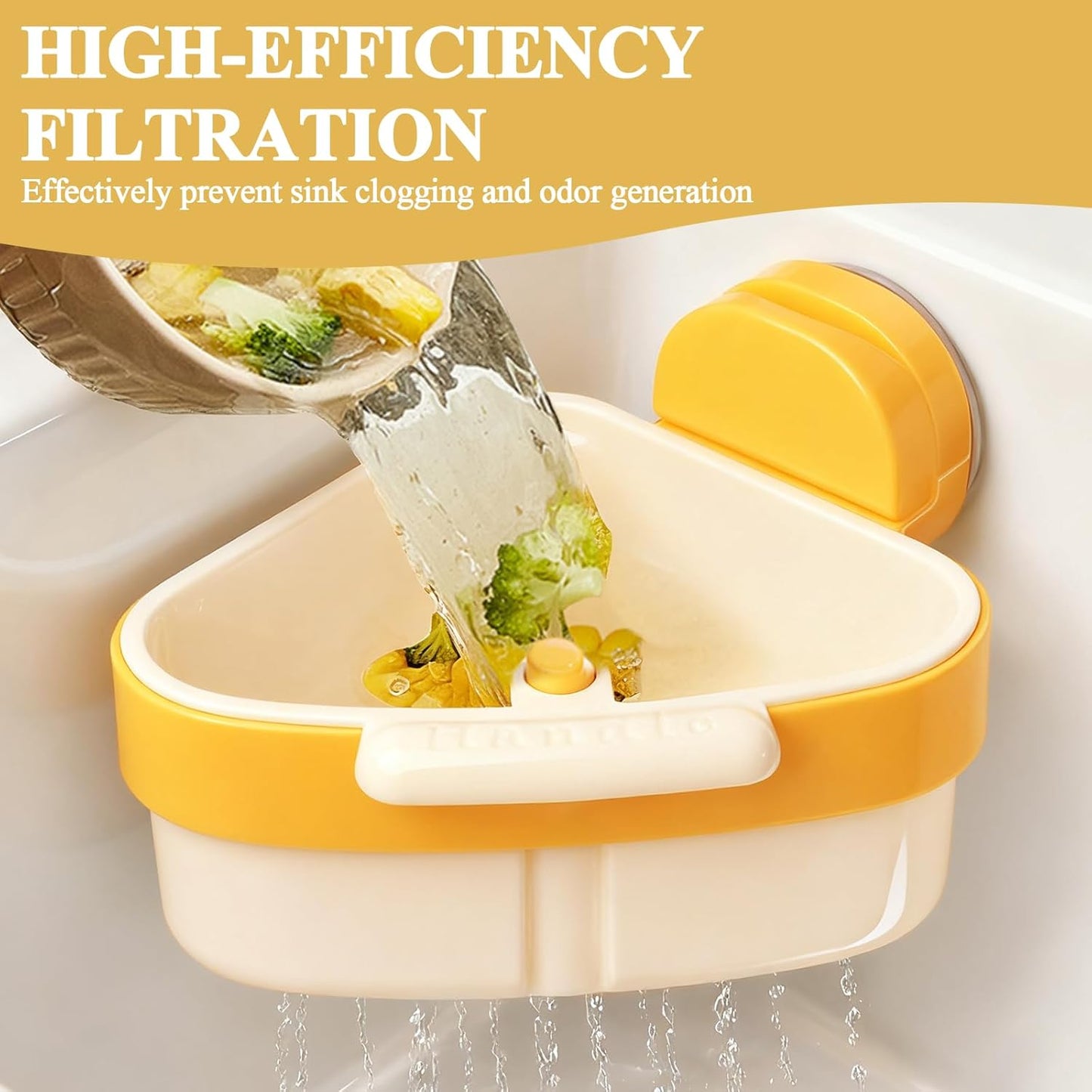 Sink Strainer Basket, 2025 New Upgraded Suction Cup Sink Corner Rack, Triangle Suction Cup Press Sink Drainer Basket, Automatic Dumping Corner Sink Trash Catcher for Kitchen Bathroom (Yellow)