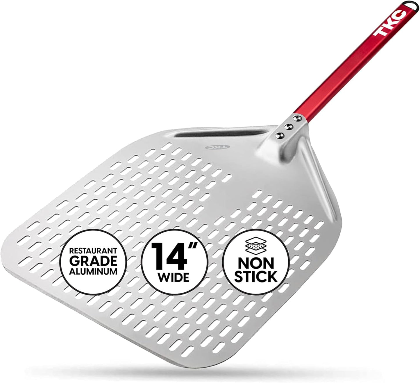TKC 14” Perforated Pizza Peel – 31 Inch Long Handle Perforated Aluminium Pizza Paddle – Lightweight Pizza Turning Peel – Commercial Grade Pizza Spatula - Outdoor Pizza Oven Accessories - (Silver/Red)