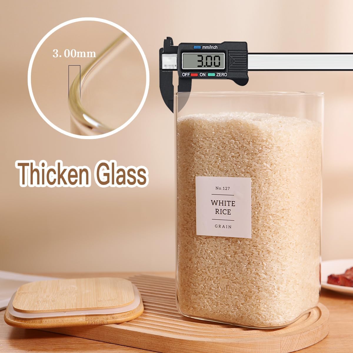 2 Pack Square Glass Flour and Sugar Containers with 132 Kitchen Pantry Labels - Thicken 149 FL OZ Large Glass Storage Jars with Airtight Bamboo Lid - Big Food Canisters for Rice, Pasta, Cookie