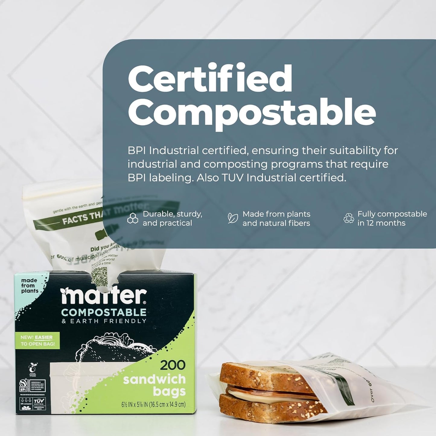 Matter Compostable Sandwich Bags for Food Storage, Eco-Friendly, Resealable, 200 Count