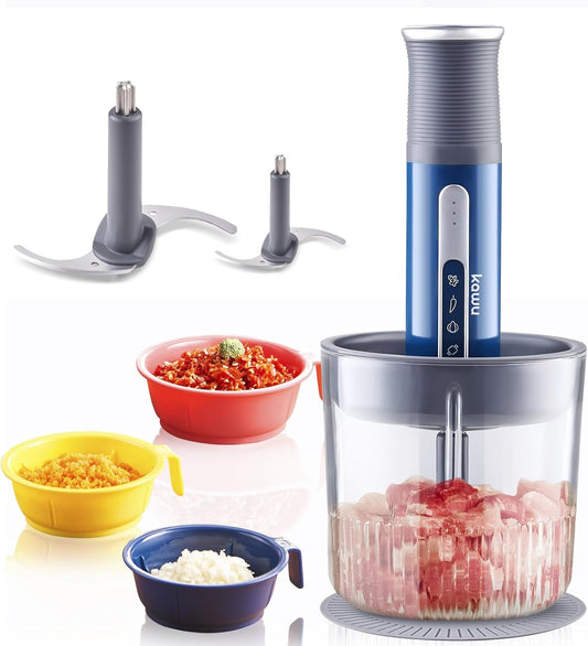 Kawu Portable Food Processor, Electric Food Chopper with 2 Bowls (2 Cups+3x 0.4 Cup), 2 Stainless Steel Blades, USB Rechargeable, One-Button Wireless Meat Grinder & Vegetable Chopper for Kitchen, Home