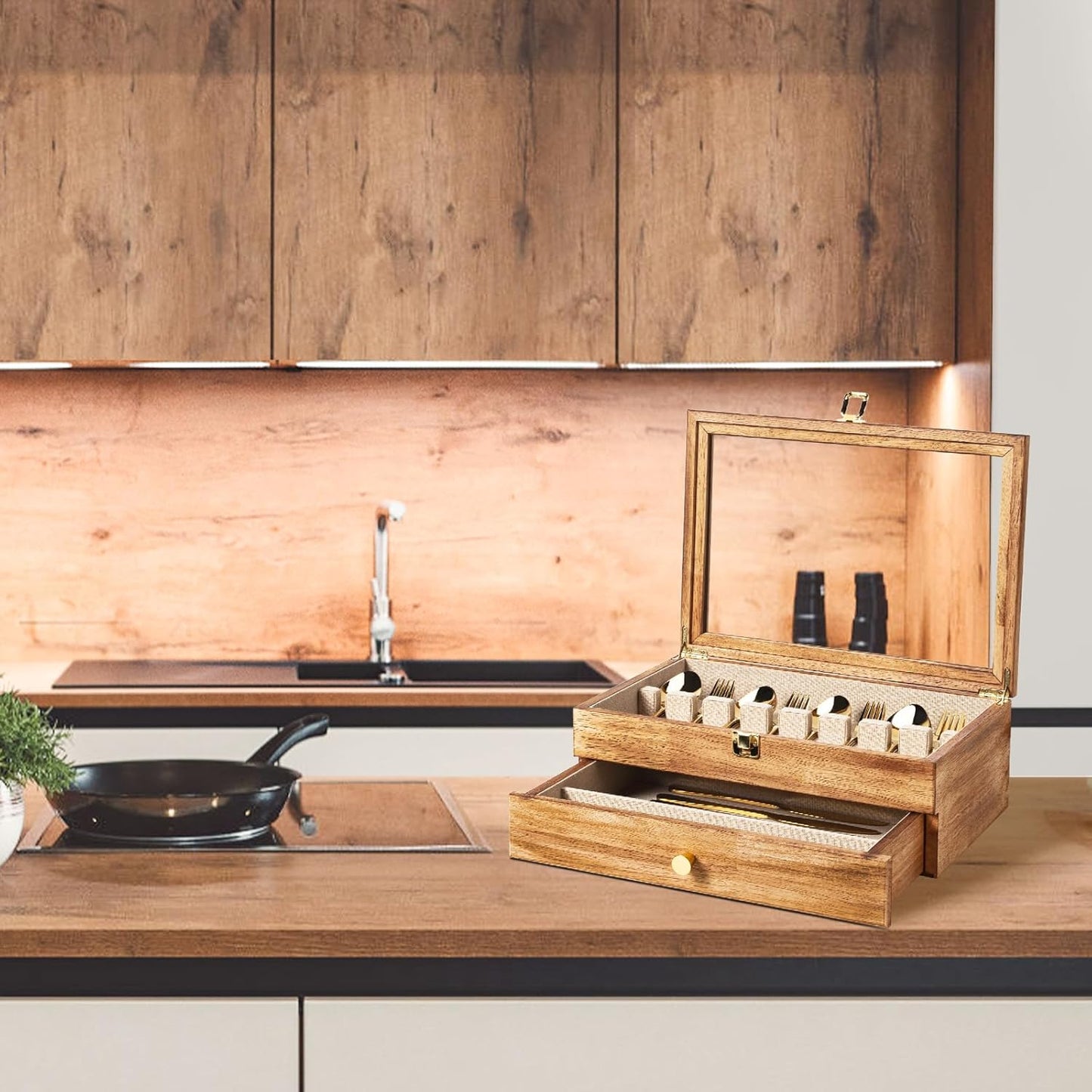 Silverware Box, 2-Layer Wooden Silverware Storage Box with Glass Lid, 14.5×10.6 Inches Vintage Style Decor Flatware Storage Case for Fine Flatware & Utensils, Gift Idea (Torched Wood)