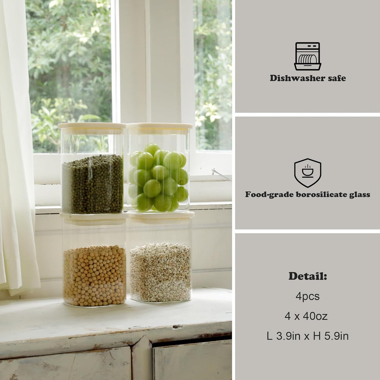 4pcs 40oz Square Pantry Glass Jars with Clear Airtight Lids Kitchen Canisters Sets for Flour, Sugar Refrigerator Safe, Patent Approved