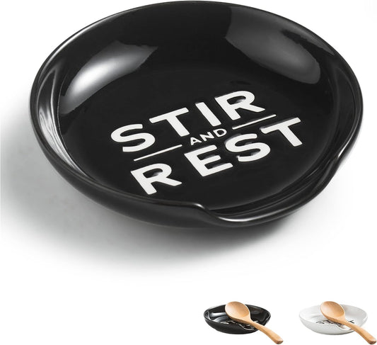 Spoon Rest for Stove Top, Kitchen Decor for Farmhouse, Cooking Ladle/Spatula/Spoon Holder, Utensil Rest for Countertop Deep Tray Prevent for Spill Black and White 5 inch Housewarming Gift