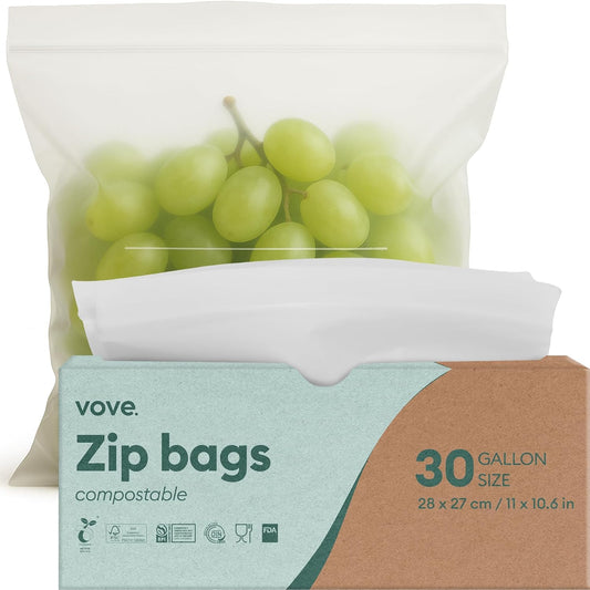 Vove Compostable Gallon Bags, Extra Large 30 Count – Freezer Safe, Leak Proof, Non Toxic Food Storage for Meal Prep & Snacks, Plant-Based Eco Bags