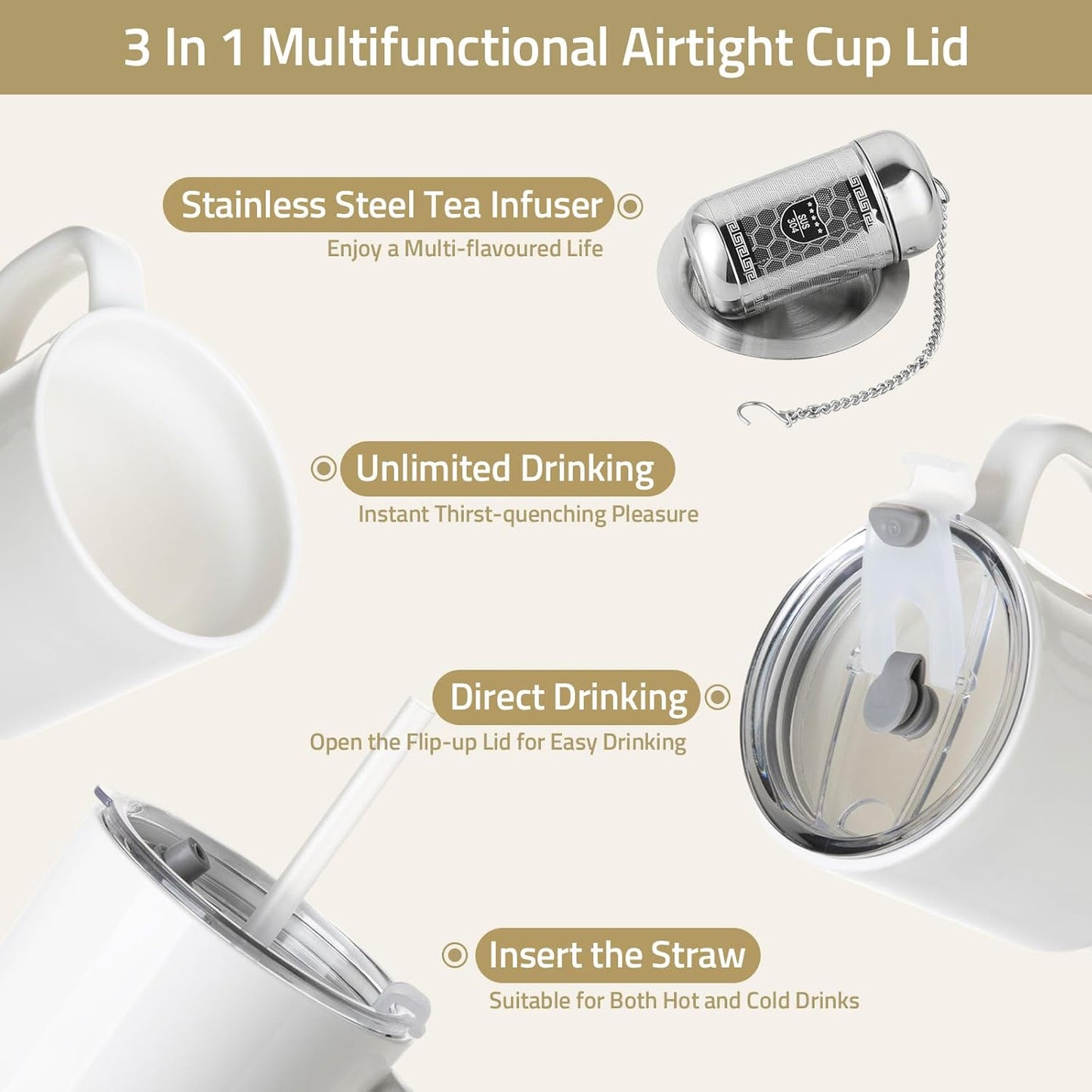 Sweejar Ceramic Travel Mug with Lid, 16 oz Portable Coffee Mug, Dishwasher Safe Tea Cup with Infuser, Reusable Teacup for Car Cup Holder, Tea Lovers(White)