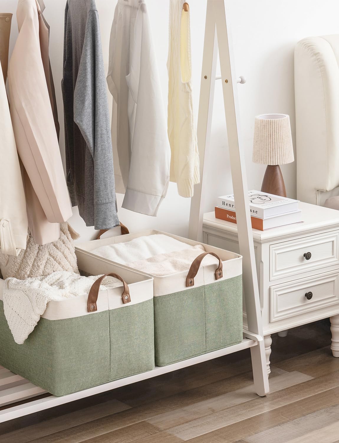 StorageWorks Storage Bins, Fabric Storage Bins for Shelves, Extra Large Storage Baskets with Metal Frame, Closet Baskets and Bins with Handles, Jumbo, Green and White, 2-Pack