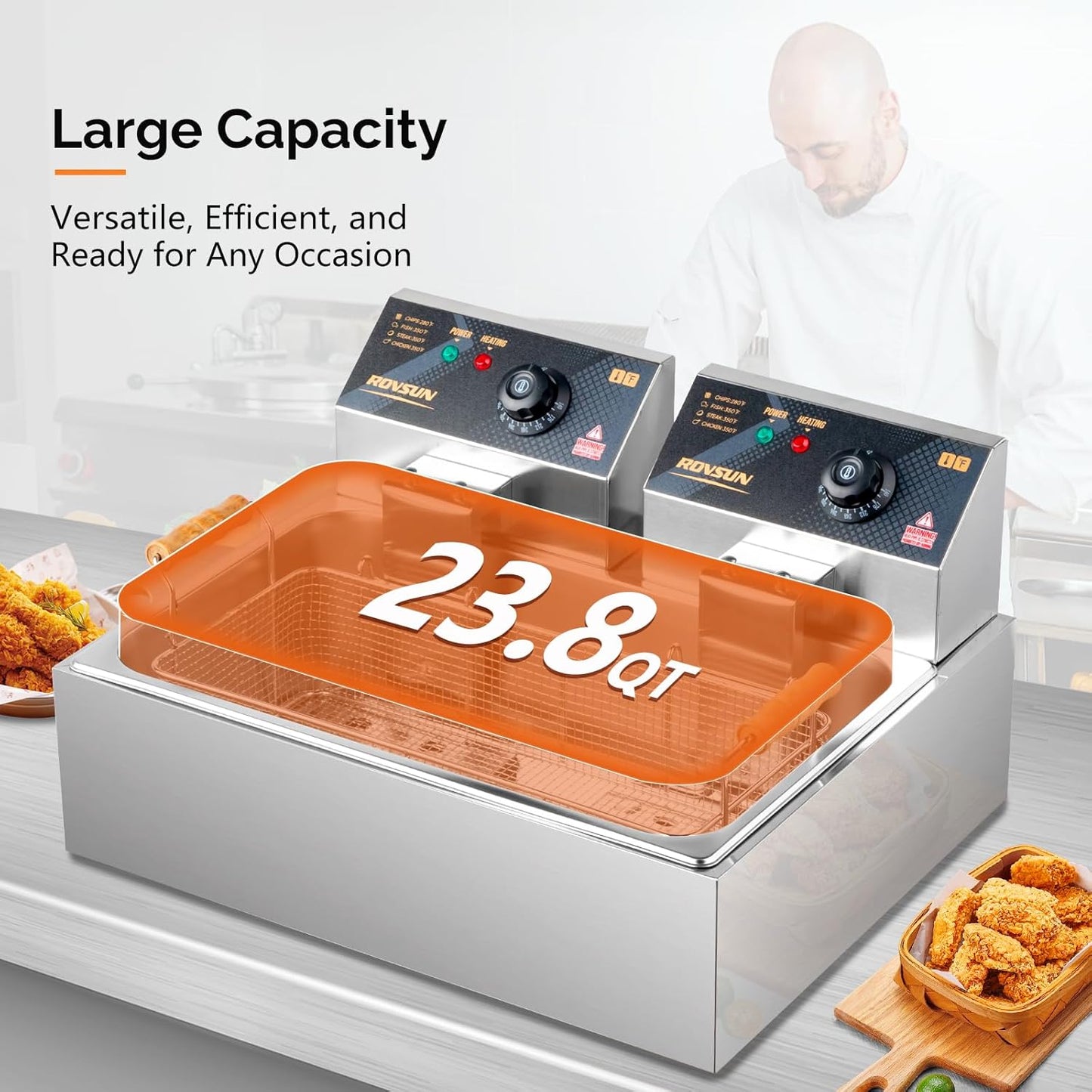 ROVSUN 23.8Qt Electric Deep Fryer with Basket, Lid & Adjustable Temp, Commercial Deep Fryer Countertop, Stainless Steel Kitchen Fat Fryer Frying Machine for French Fries Turkey Onion Rings 5000W