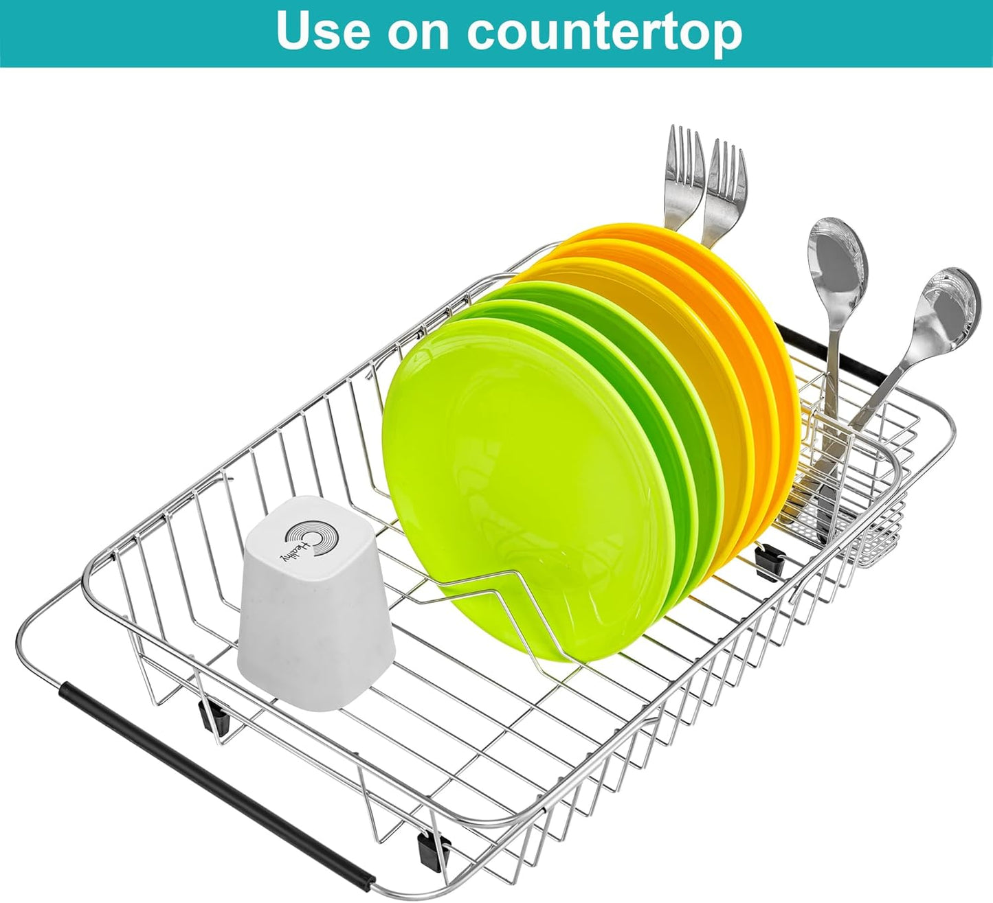 iPEGTOP Expandable Dish Drying Rack Organizer and Utensil Cutlery Holder, 304 Stainless Steel Over Sink Dish Rack, Dish Drainer in Sink or On Counter, Rustproof