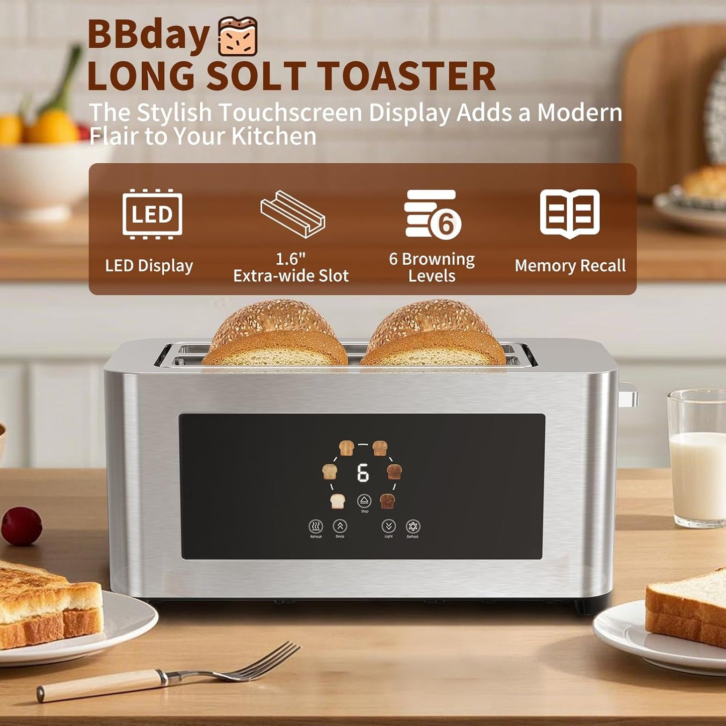 Touch Screen Smart Toaster 4 Slice, LCD Display, 1.6" Long Slot Toaster with 6 Shade Settings, Defrost, Reheat & Removable Tray, Wide Slot for Long Bread, Bagels, Waffles, 1300W, Stainless Steel