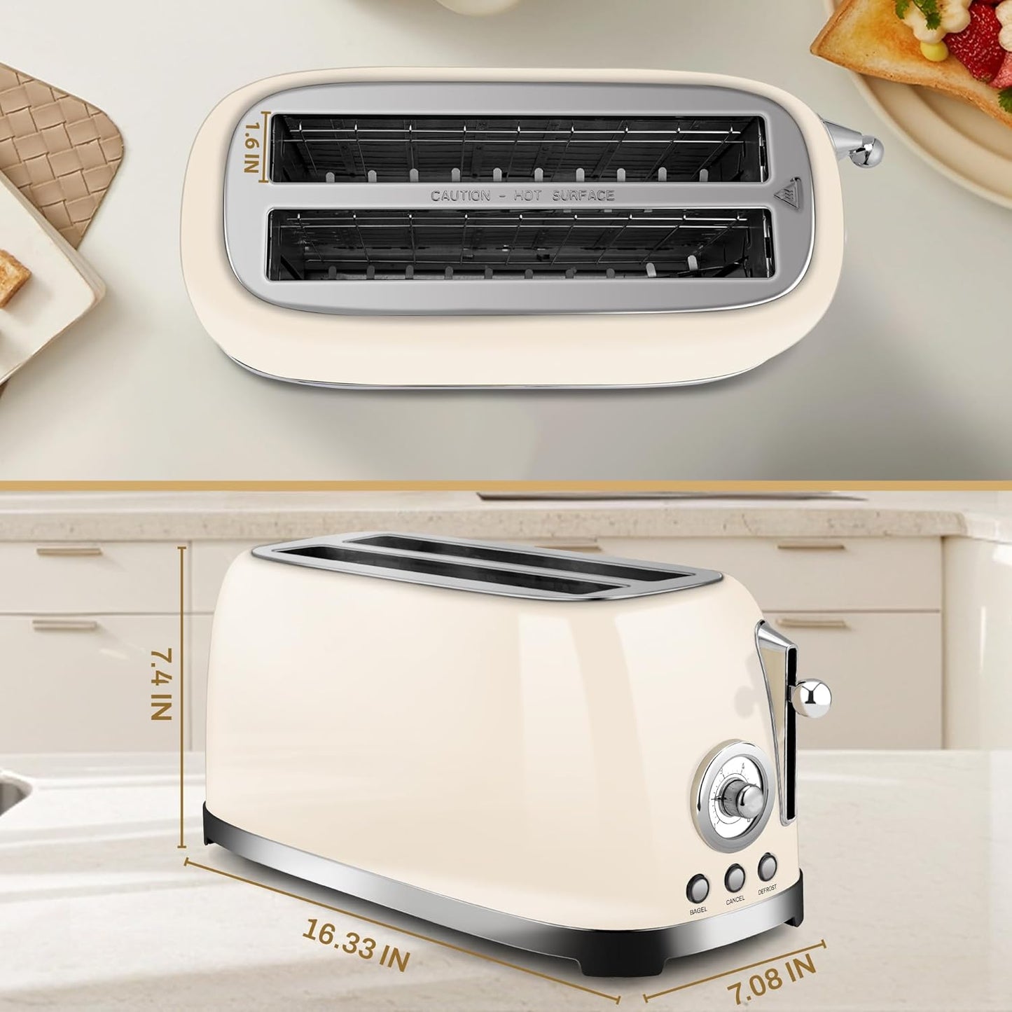 SUSTEAS Toaster 4 Slice Wide Slot, Stainless Steel Bread Bagel Toasters, Retro Long Slot Tostadora for Defrost, Reheat, Removable Crumb Tray, 1500W, 6 Browning Settings, Beige