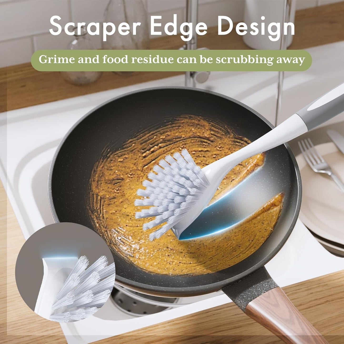 Amazer Dish Brush with Handle, 2 Pack Kitchen Scrub Brushes for Cleaning, Dish Scrubber with Stiff Bristles for Sink, Pots, Pans (Grey+Grey)