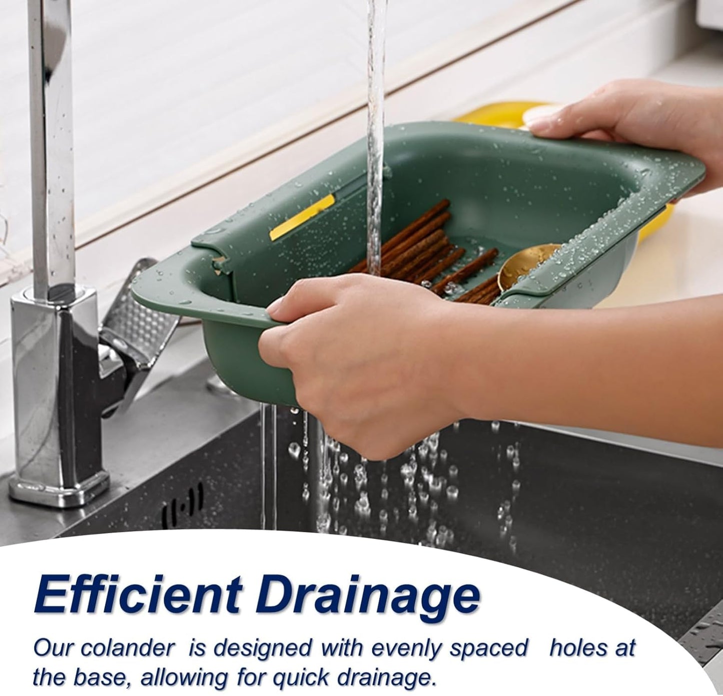 Extendable Sink Colander Strainer Basket - Wash Vegetables and Fruits, Drain Cooked Pasta and Dry Dishes - Adjustable Over the Sink Colander Collapsible Drainer Basket - Green