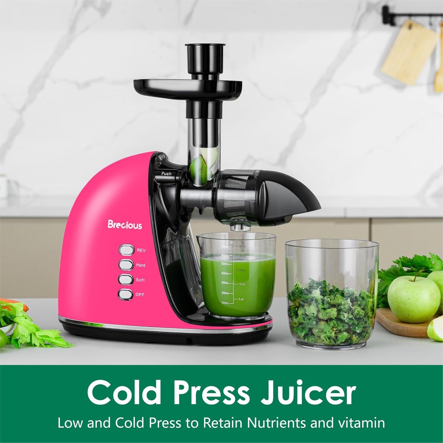 Slow Masticating Juicer,Brecious Cold Press Juicers with 2 Speed Modes & Quiet Motor,Juicers Machines Vegetable and Fruit with Reverse Function,Celery Juicer,BPA-Free,Easy to Clean (Pink)