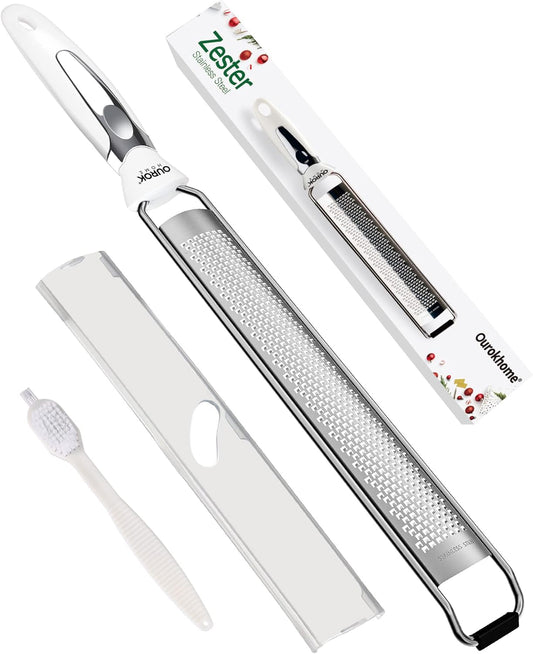 Ourokhome Kitchen Lemon Zester, Stainless Steel Hand Held Parmesan Cheese Grater for Ginger, Chocolate, Coconut, Lime, Nutmeg, Citrus, Fruit, Vegetable with Cleaning Brush, Dishwasher safe, White