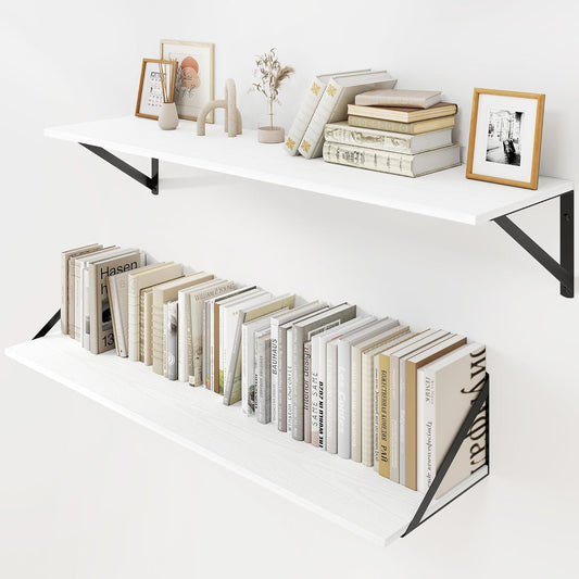 Heimlove White Deep Floating Shelves for Wall, 36W x 8D Wood Wall Shelves Set of 2, Wide Floating Bookshelf for Living Room, Kitchen, Office, Bedroom and Decor Storage, with Black Bracket - White