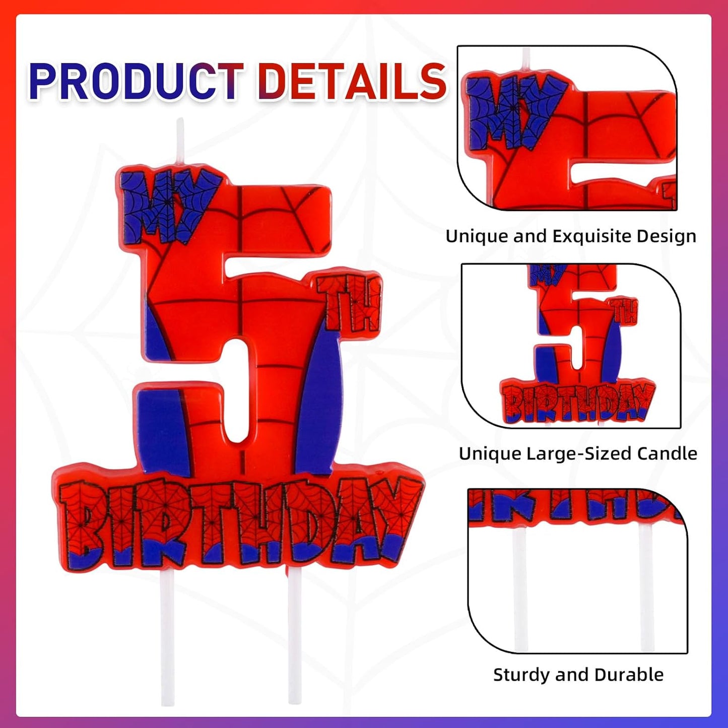 Spider Birthday Party Decorations, Number 5 Red Spider Web Happy Birthday Cake Candle for Boys Girls Spider Web 5th Birthday Party Supplies (Spider Web 5th Candle)