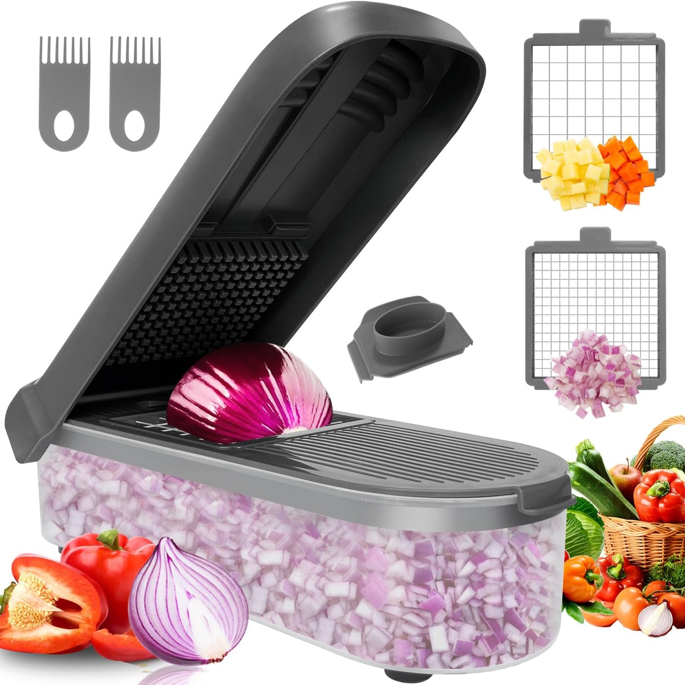 LHS Multifunctional Food Chopper - Onion, Vegetable Slicer Dicer Cutter, Potato Cutter - Veggie Chopper with Container (4 in 1, Grey)