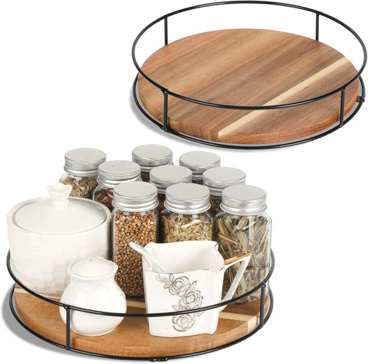 [ 2 Pack ] 9" & 10" Acacia Wood Lazy Susan Organizers with Steel Sides, Lazy Susan Turntable for Cabinet, Kitchen Turntable Storage for Table, Countertop, Pantry