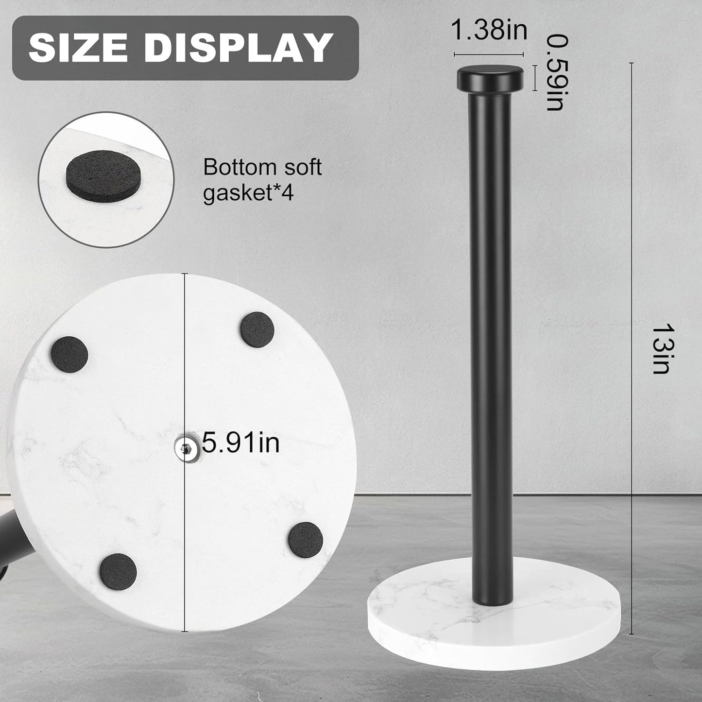 Standing Paper Towel Holder, Kitchen Paper Towel Roll Holder- for Bathroom Kitchen Countertop with Weighted Marble Base for One-Handed Operation (Black), Black Paper Towel Holder