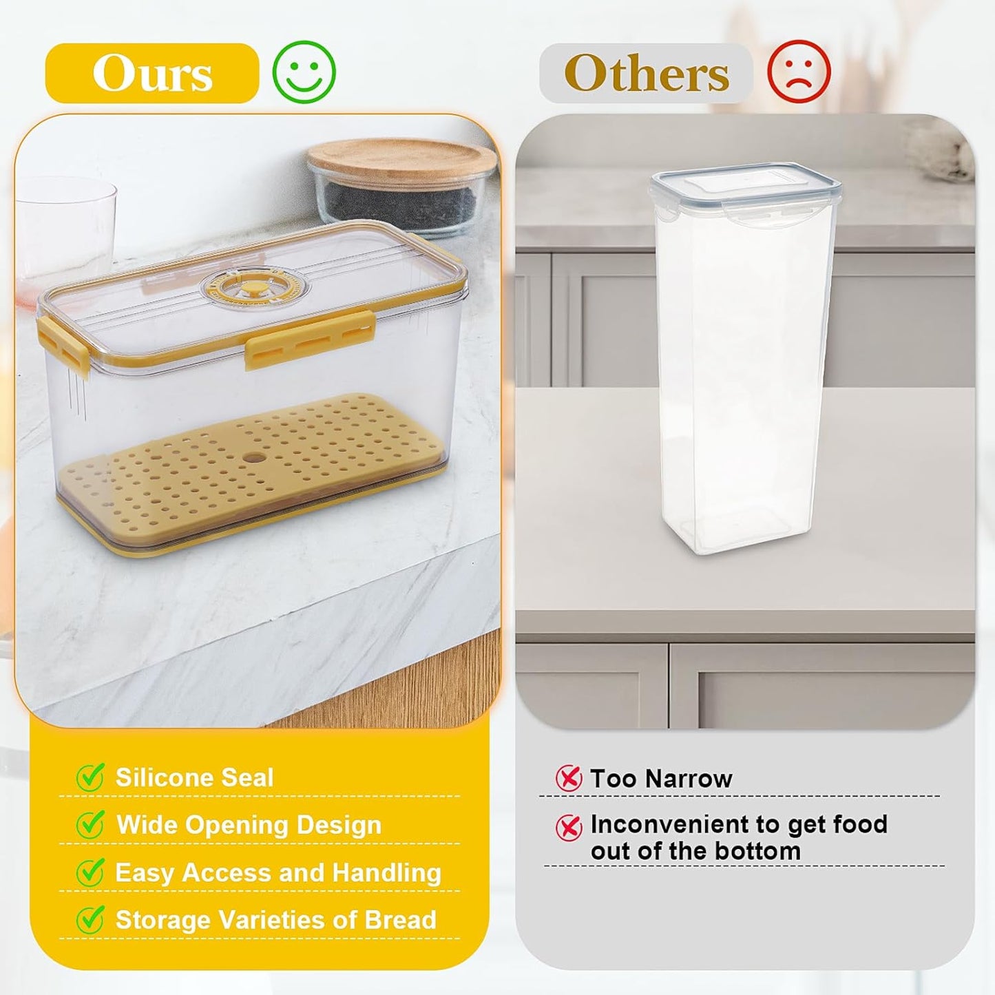 Bread Box for Homemade Bread Boxes for Kitchen Counter Airtight, Time Recording Bread Storage Container with Lid, Bread Containers Storage Airtight Loaf Bread Keeper, Large, Yellow