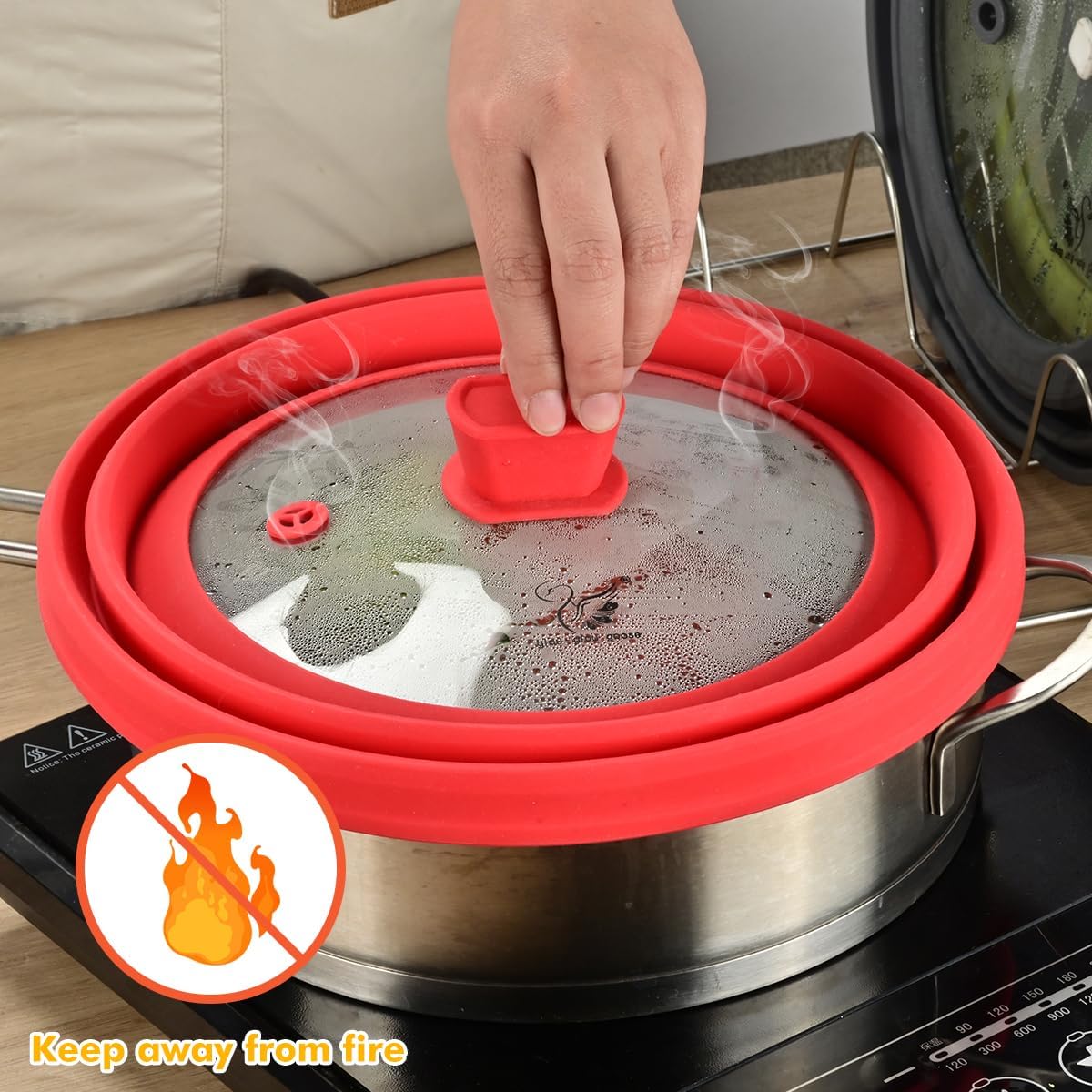 Microwave Splatter Cover Glass Splatter Guard Lid with Collapsible Silicone for Food Pot Plate Cover 10.8 inch Red