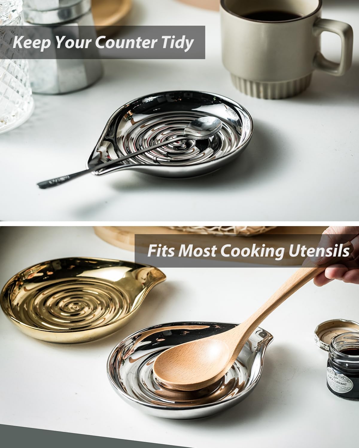 LAUCHUH Spoon Rest for Stove Top Ceramic Cooking Spoon Holder for Kitchen Countertop Large Ladle Holder for Spatula, Spoons or Tong, Farmhouse Decor, Christmas, 5 inches, Sliver