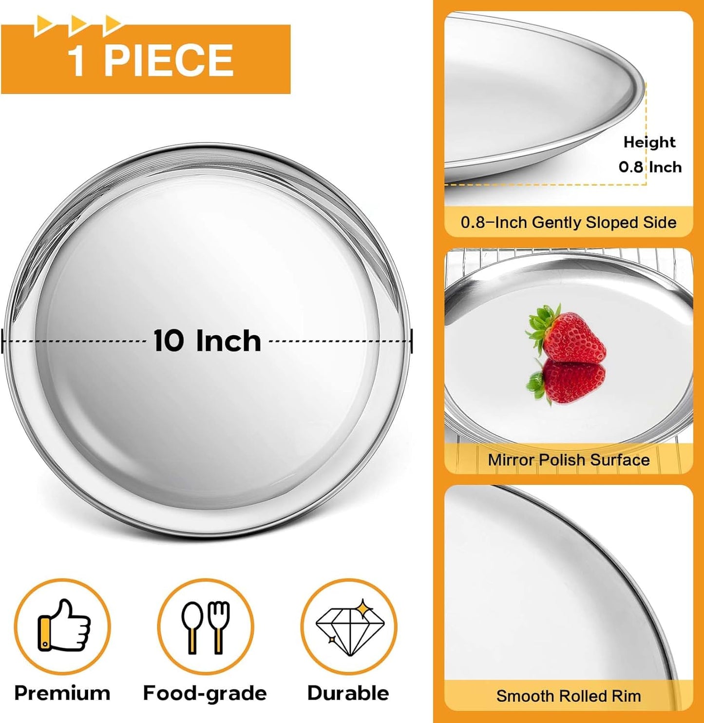 P&P CHEF 10 Inch Pizza Pan, Stainless Steel Round Pizza Tray Baking Pans, Pizzas Plate Serving Tray for Cookie Meat, Oven & Dishwasher Safe & Easy Cleaning, (Mirror Finish) - 1 Piece