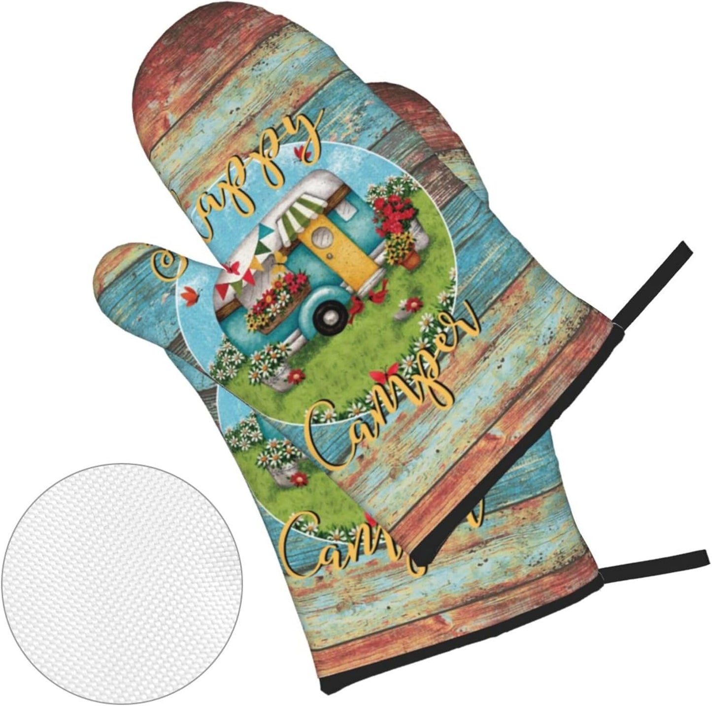 Happy Camper Oven Mitts and Pot Holders Sets of 4,Resistant Hot Pads with Polyester Non-Slip BBQ Gloves for Kitchen,Cooking,Baking,Grilling