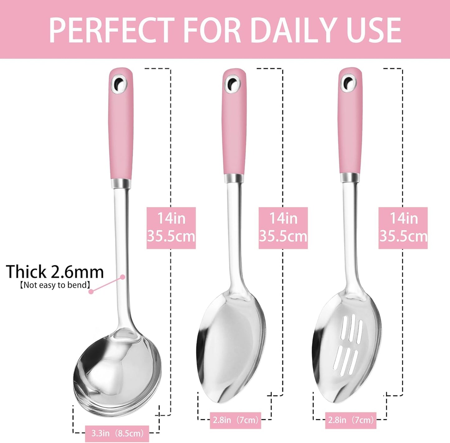 14-in Pink Cooking Spoons Set, Heavy Duty 18/0 Stainless Steel Large Serving Spoons Set, Slotted Spoon, Cooking Spoon & Soup Ladle, Commercial and Residential Use, Pack of 3