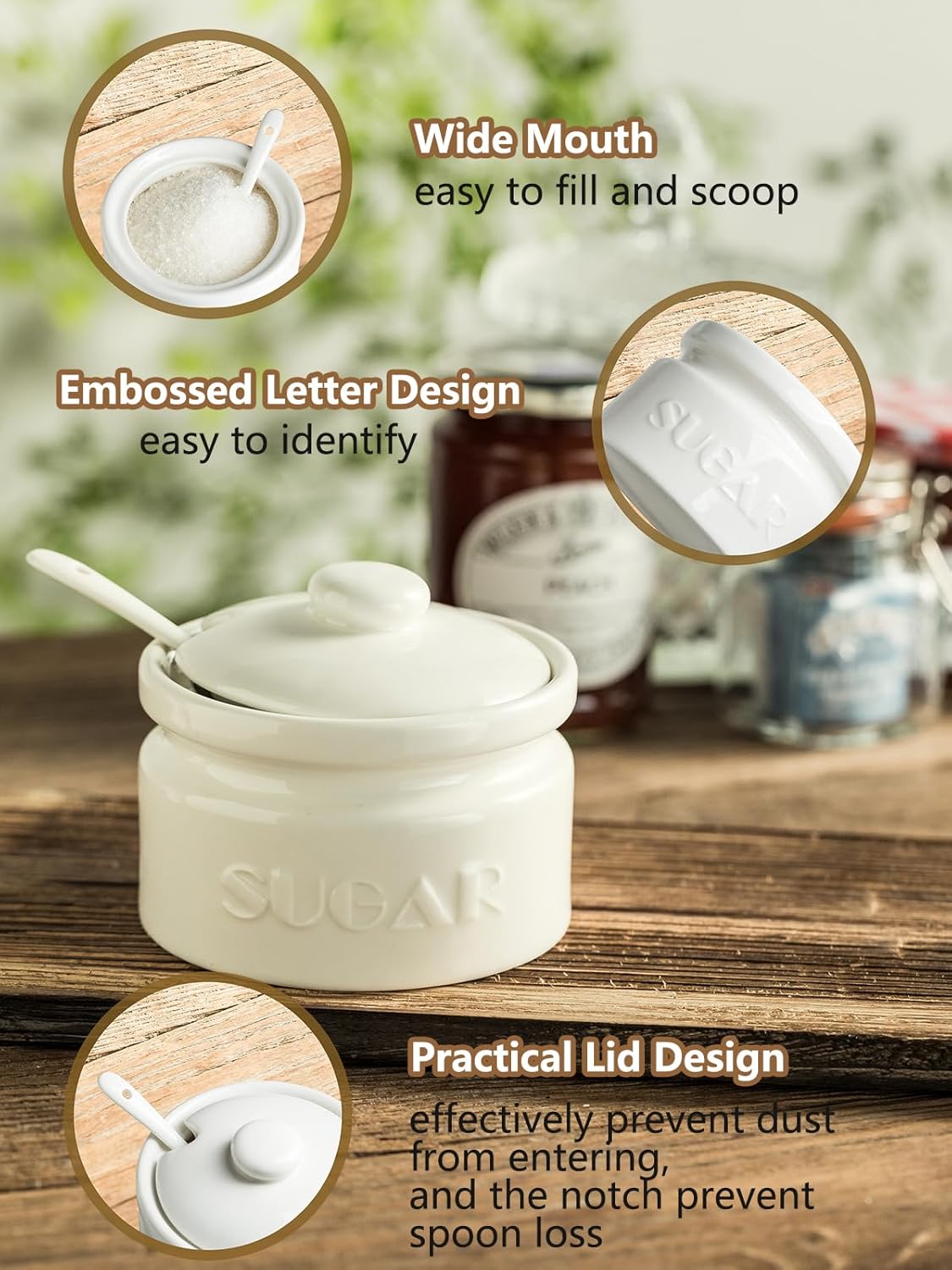 Gomakren Sugar Bowl with Lid and Spoon, Sugar Container Sugar Dish 10oz, Ceramic Sugar Jar for Coffee Bar, Kitchen, Countertop - Modern Farmhouse Kitchen Christmas Decor, White