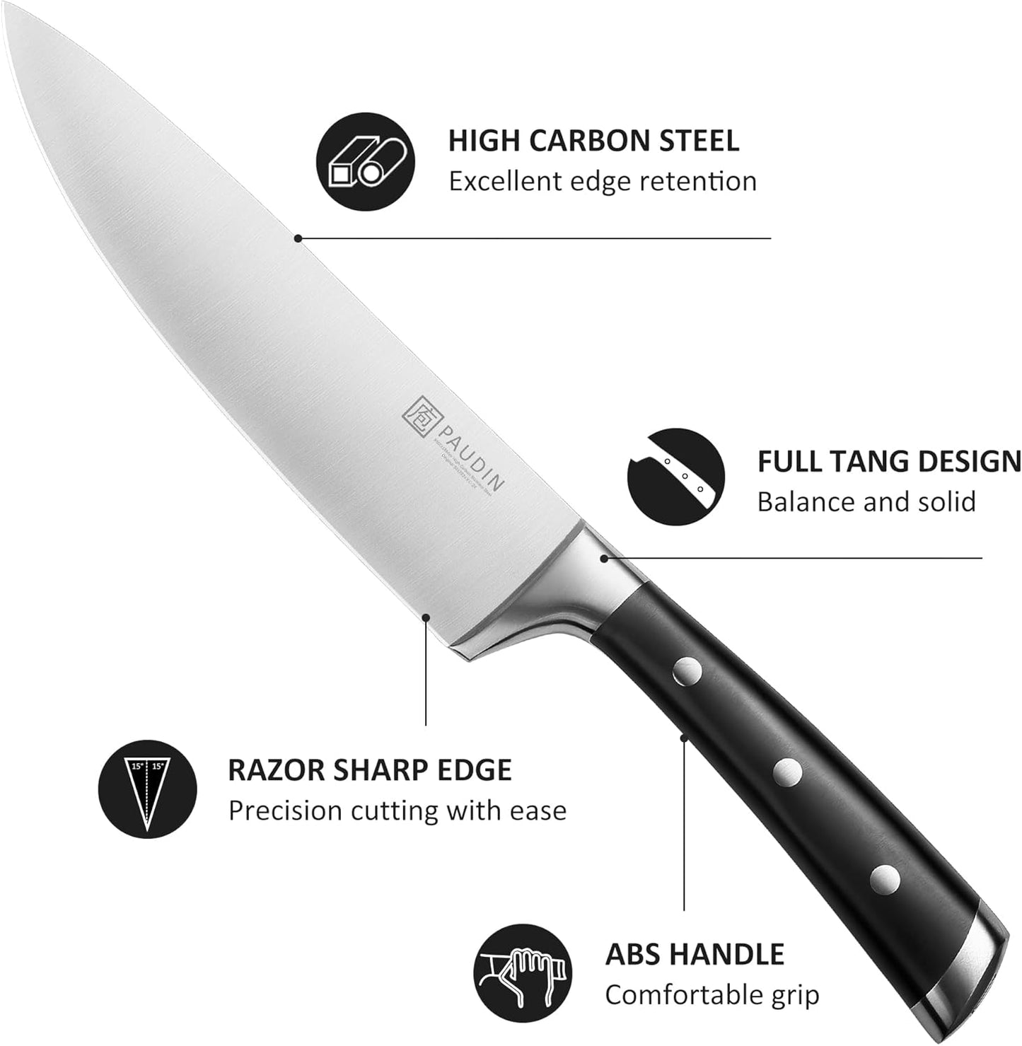 PAUDIN Knife Block Set, 15 Pieces Knife Set with Block, High Carbon Stainless Steel Kitchen Knife Set with Sharpener, Knives Set for Kitchen with Full Tang Triple Rivet Handle