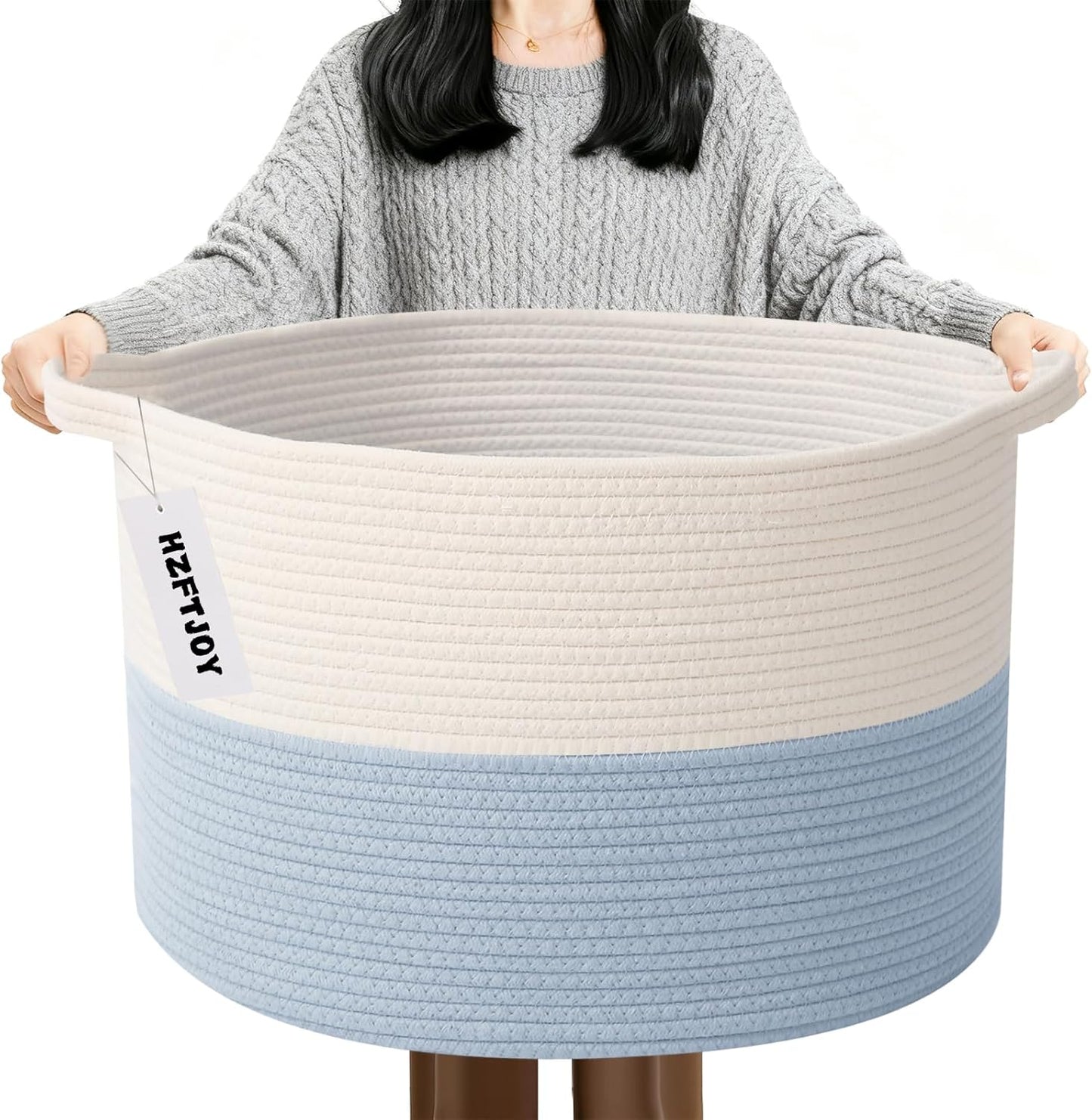 Large Blanket Basket for Organizing,65L Closet Organizers and Storage Bins Box for Shelves Woven Rope Storage Baskets,Living Room,Bedroom,Dorm,Laundry room (White&Blue)