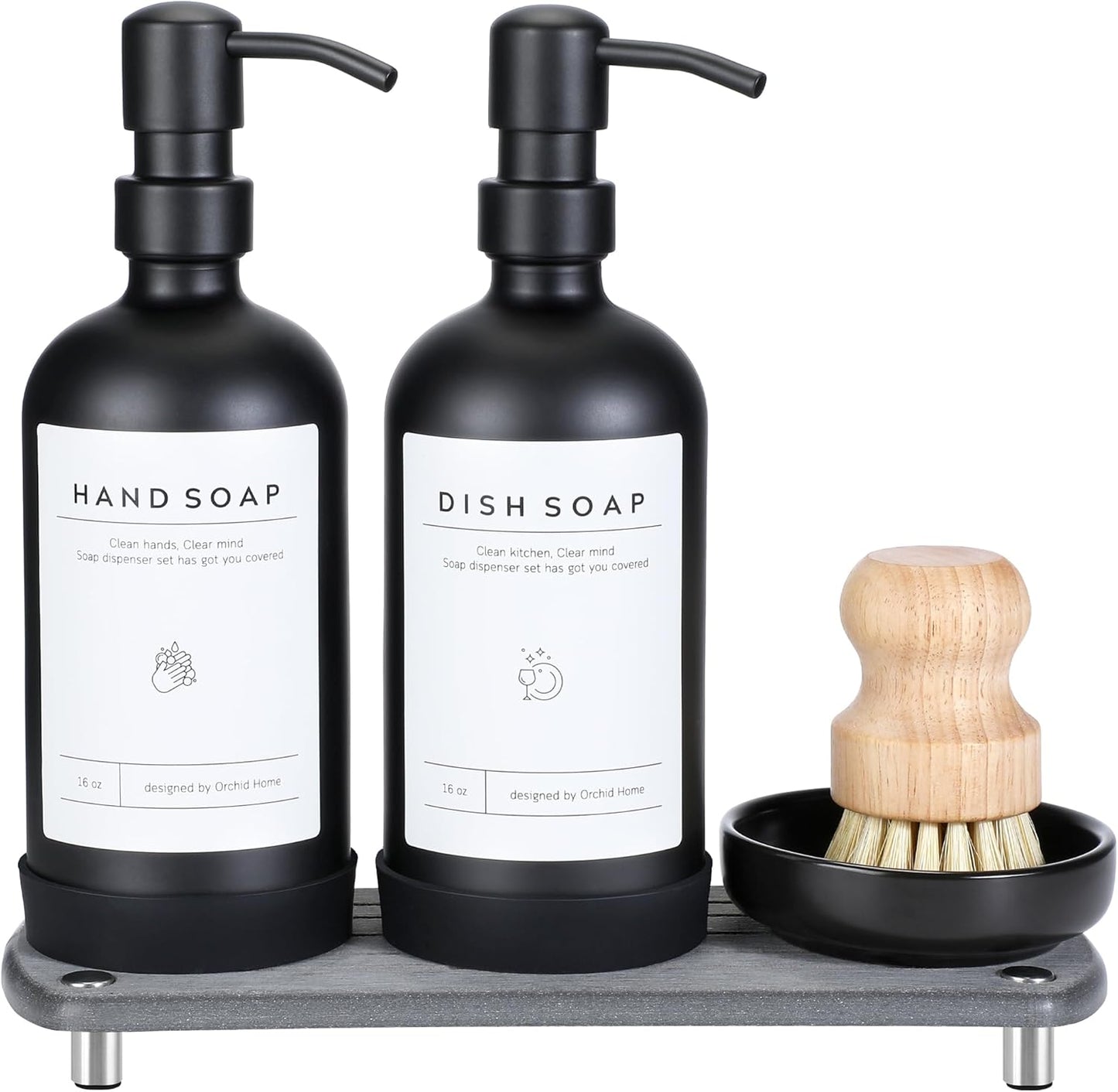 [Luxury] Kitchen Soap Dispenser Set - 16OZ Black Glass Bottle, Stainless Steel Pump, Instant Dry Tray, Waterproof Labels, Non-Slip Silicone Pad, and Dish Brush | Upgrade for Your Kitchen and Bathroom