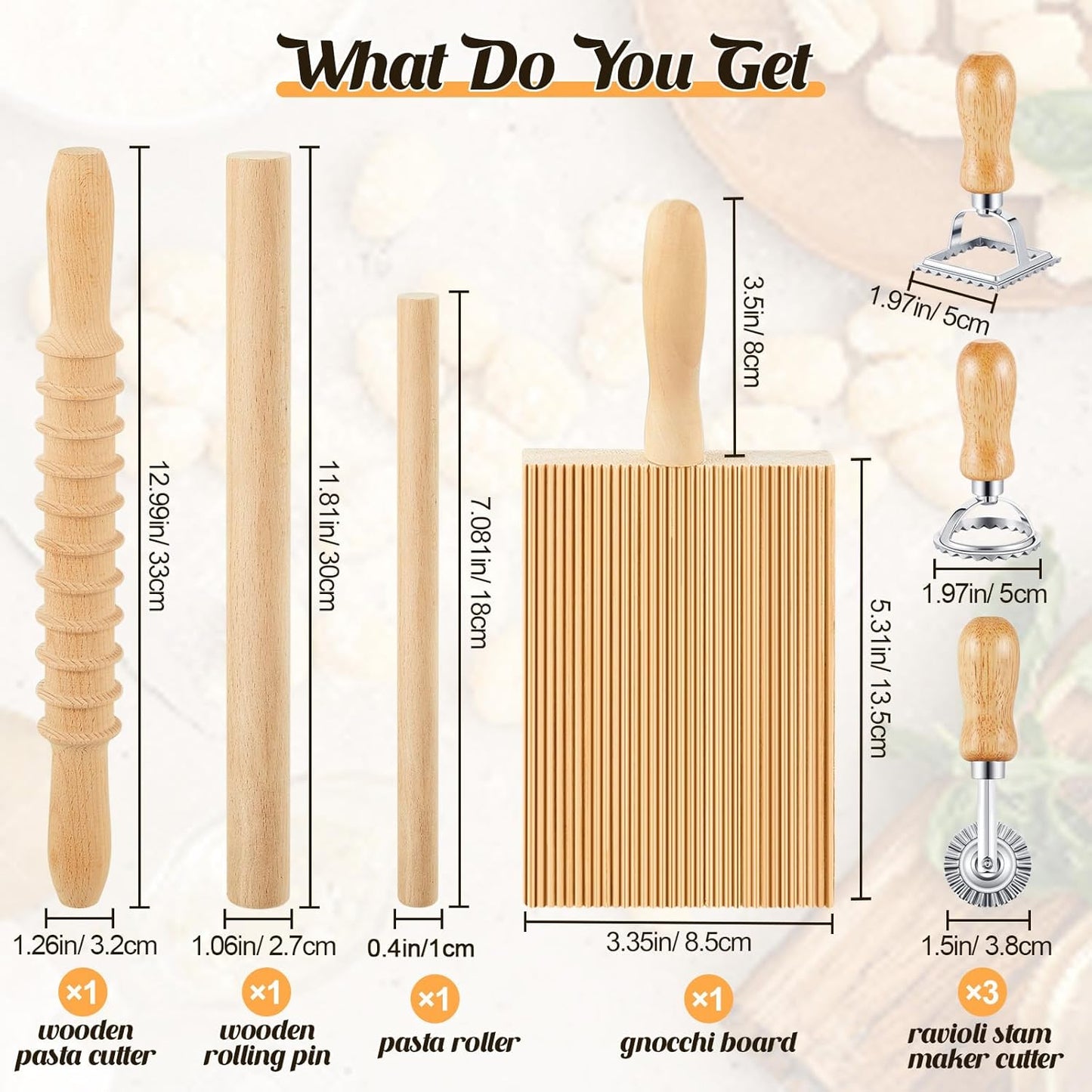 Tioncy 7 Pcs Gnocchi Pasta Making Tool, Wood Gnocchi Board with Ravioli Stamp and Rolling Pin Set Homemade Kitchen Gift for Baking Lovers(Pasta Style)