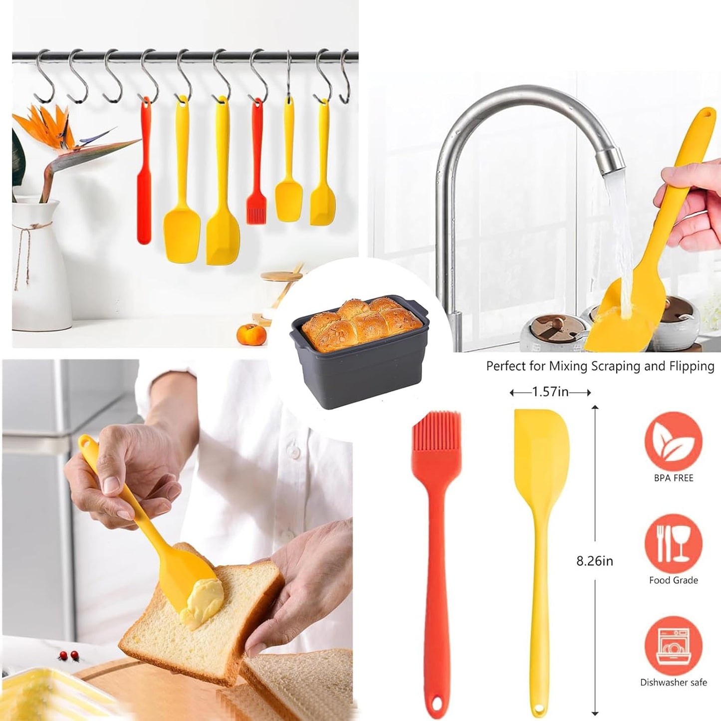 Silicone Bread Loaf Pan, Non Stick Bread Pans, Collapsible, with Lid & Oil Brush & Scraper, Bread Bakeware Pan for Homemade Bread, 8.6×5.1×1.9'', 2QT Bread Baking Mold, Brownie Loaf Pan