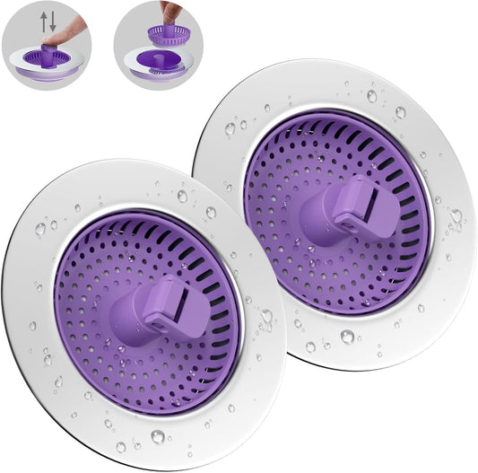 Hibbent 2 Pack Universal 3 in 1 Kitchen Sink Drain Strainer with Sink Stopper, Chrome Stainless Steel Wraped Shell, Anti-Clogging Basket Strainer with Handle, Fit for US Standard 3-1/2" Drain, Purple