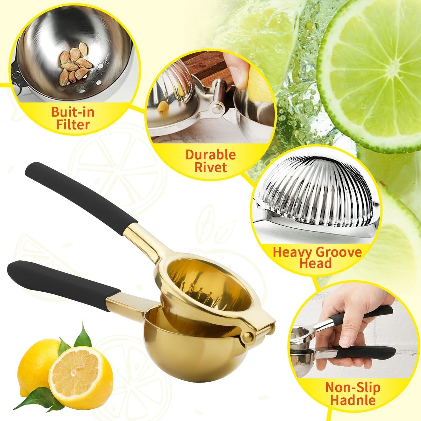 SHIKORI Gold & Black Heavy Duty Lemon Squeezer, 304 Stainless Steel Manual Citrus Press Juicer, 15% More Juice, Easy to Clean