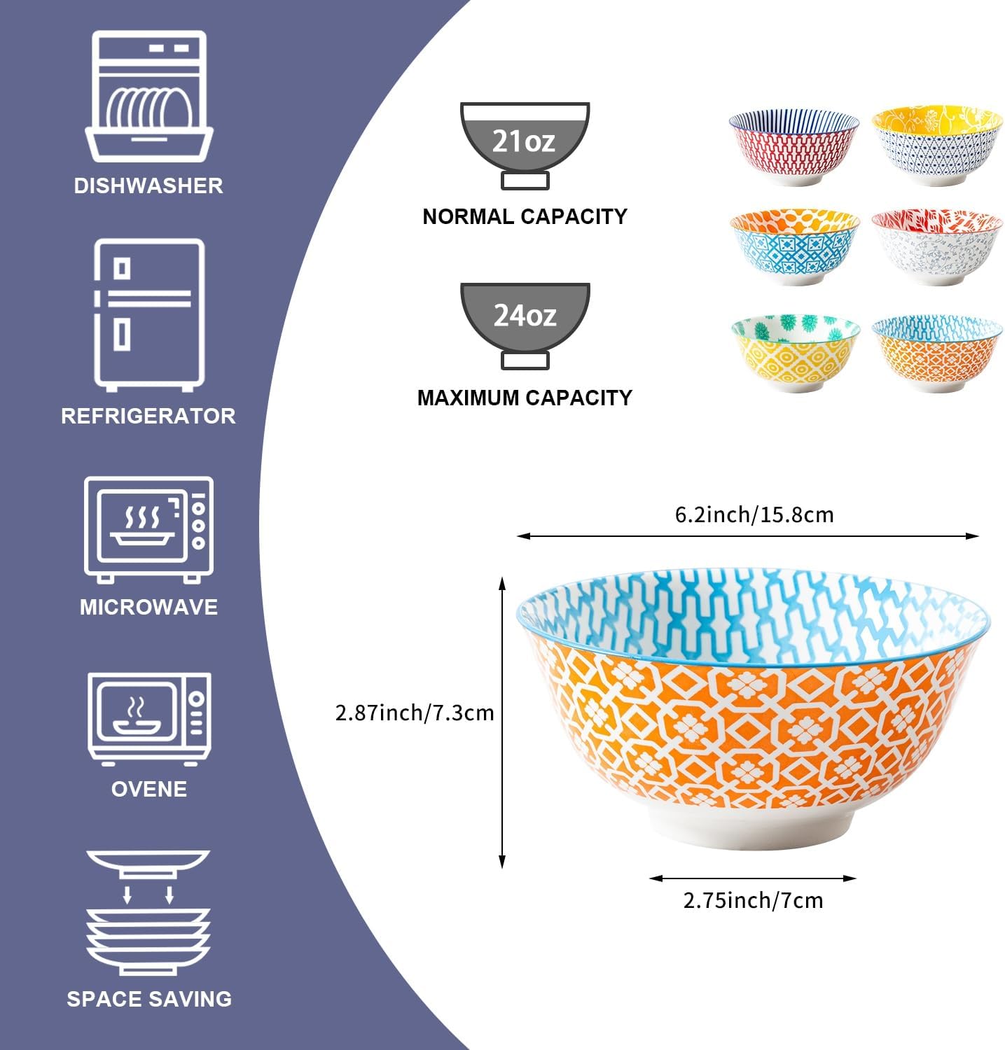 Ceramic Soup Bowls Set - 24 Oz Deep Cereal Bowl - 6 Inch Large Kitchen Dinner Bowl Eating Pasta Salad Dessert Noodle Rice Oatmeal - Microwave Dishwasher Safe - Set of 6 - Assorted Colors