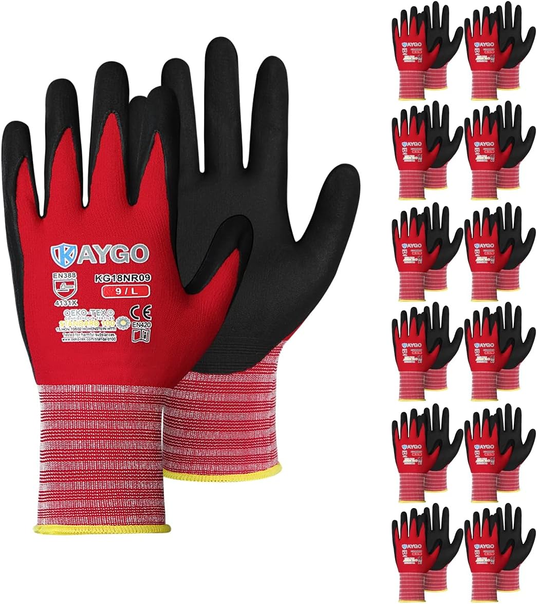 Safety Work Gloves MicroFoam Nitrile Coated-12 Pairs,KAYGO KG18NB,Seamless Knit Nylon Glove with Black Micro-Foam Nitrile Grip,Ideal for General Purpose,Automotive,Home Improvement, Red