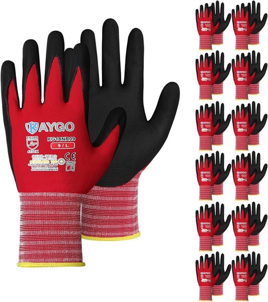 Safety Work Gloves MicroFoam Nitrile Coated-12 Pairs,KAYGO KG18NB,Seamless Knit Nylon Glove with Black Micro-Foam Nitrile Grip,Ideal for General Purpose,Automotive,Home Improvement, Red