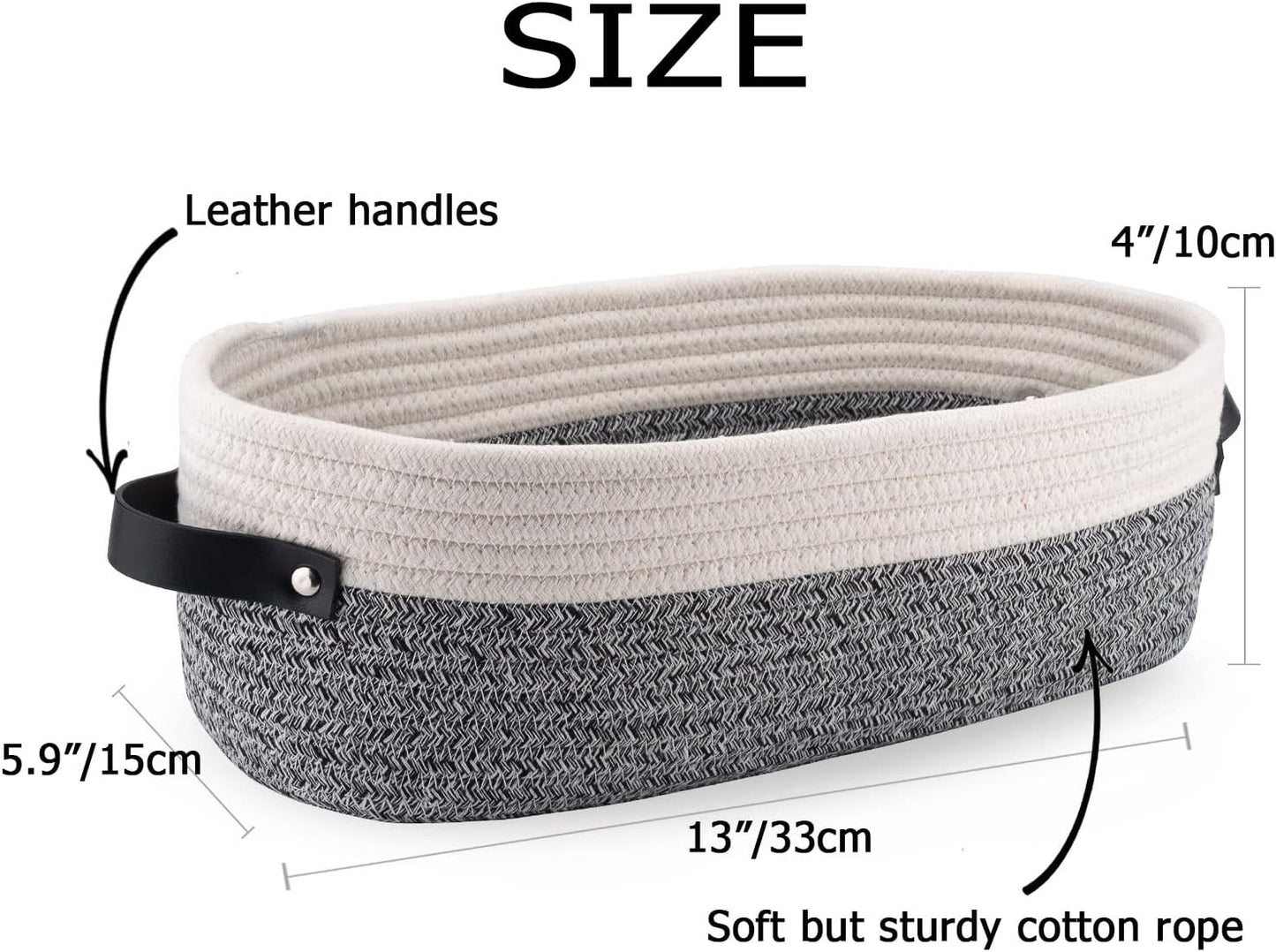 2 Pack Small Cotton Rope Woven Basket Toilet Paper Baskets for Organizing Decorative Basket for Boho Decor Small Storage Basket 13"x5.9"x4" Variegated Gray&White